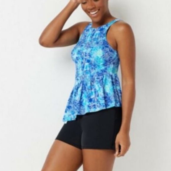 New $90 2Pc Fit 4 U High Neck Diagonal Ruffle Tankini&Short - Picture 1 of 9